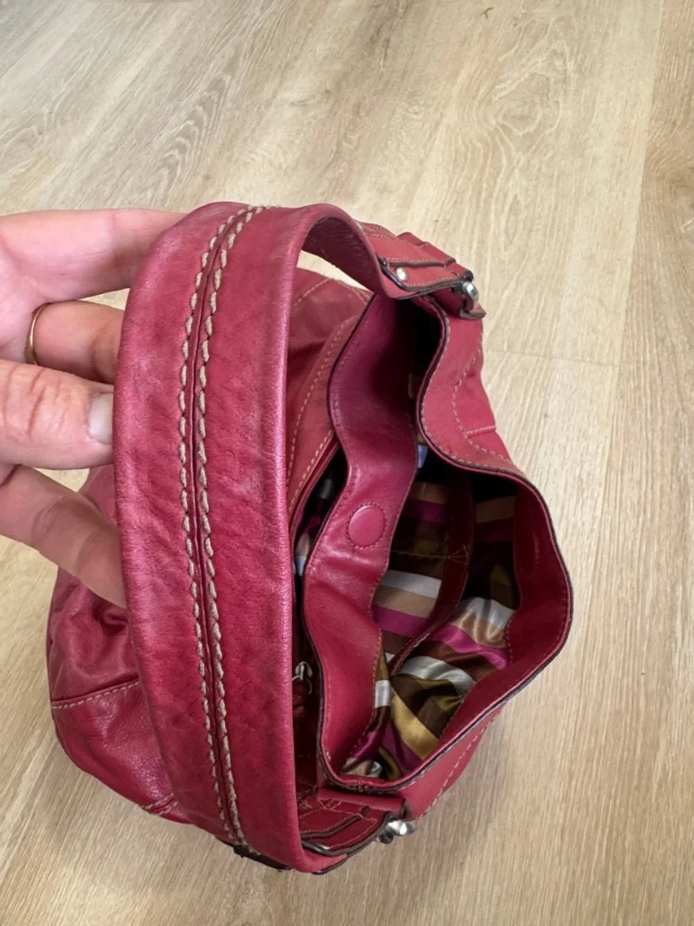 Tignanello Red Leather Shoulder Bag with Buckle Front Pockets